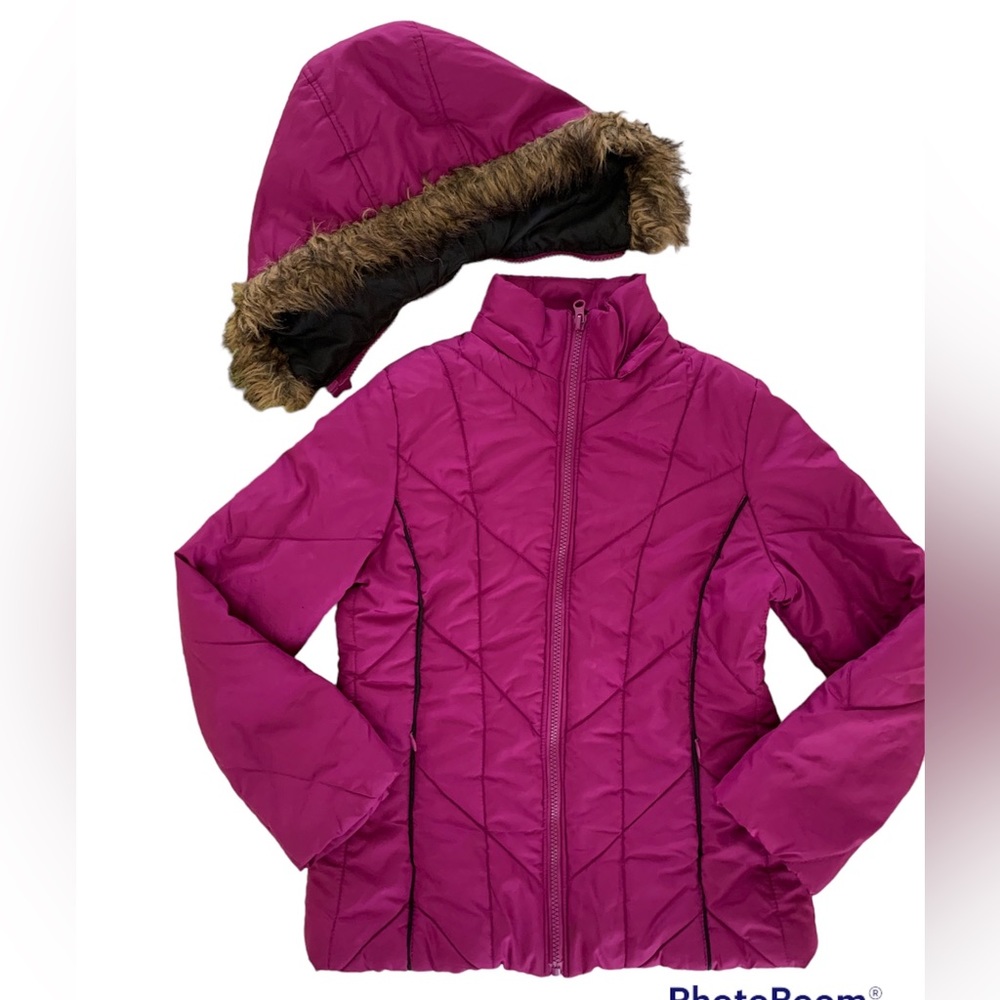 KC Collections Puffer Coat Girls M Purple Pink Detachable Faux Fur Hood Quilted